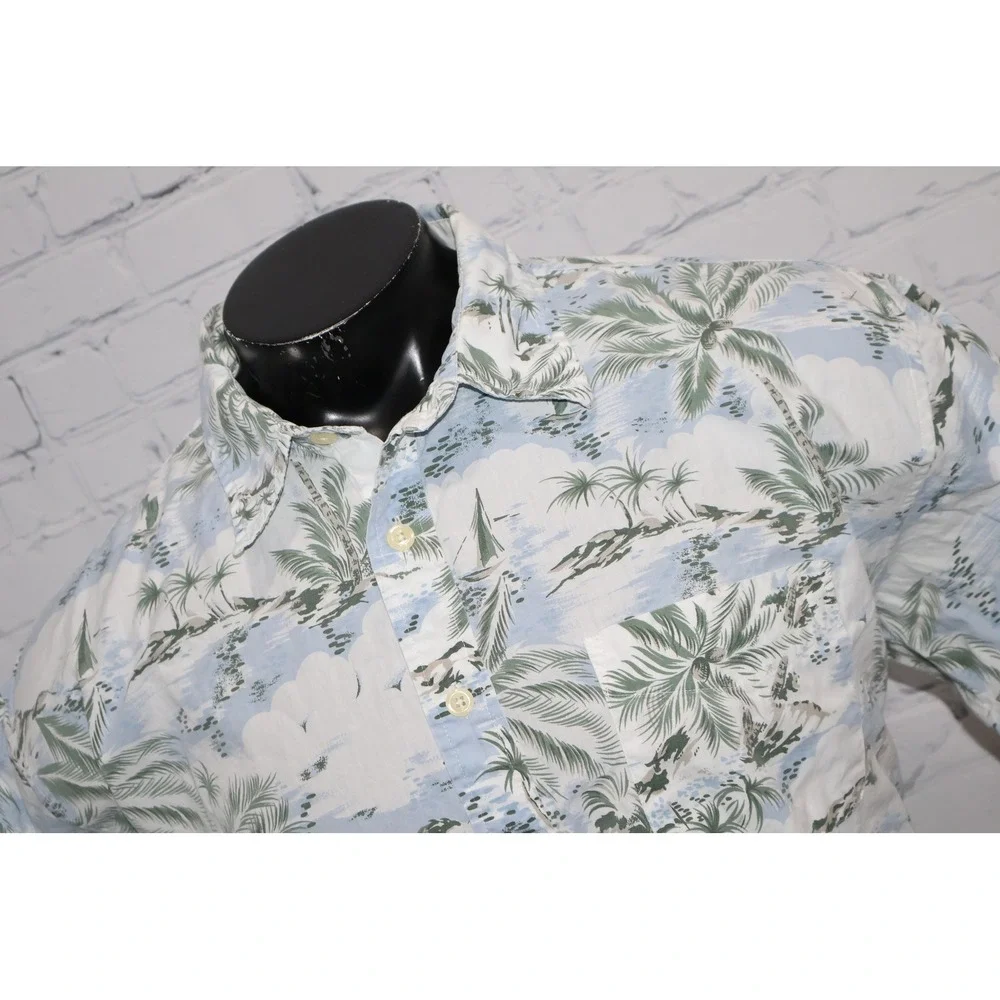 J Crew Button Down Shirt Mens XL Blue Palm Tree Island Print Hawaiian Cotton